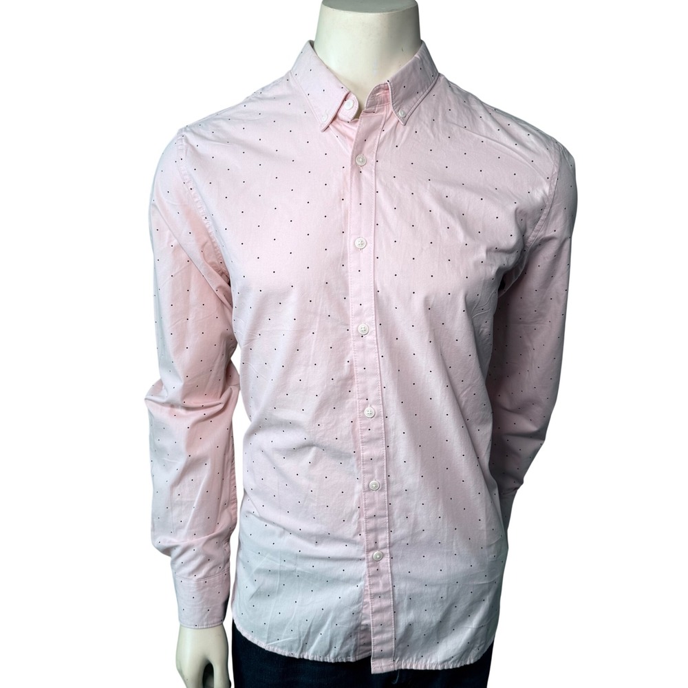 Denim & Flower Button Down Shirt Mens Large Pink Polka Dot Excellent Slim Fit